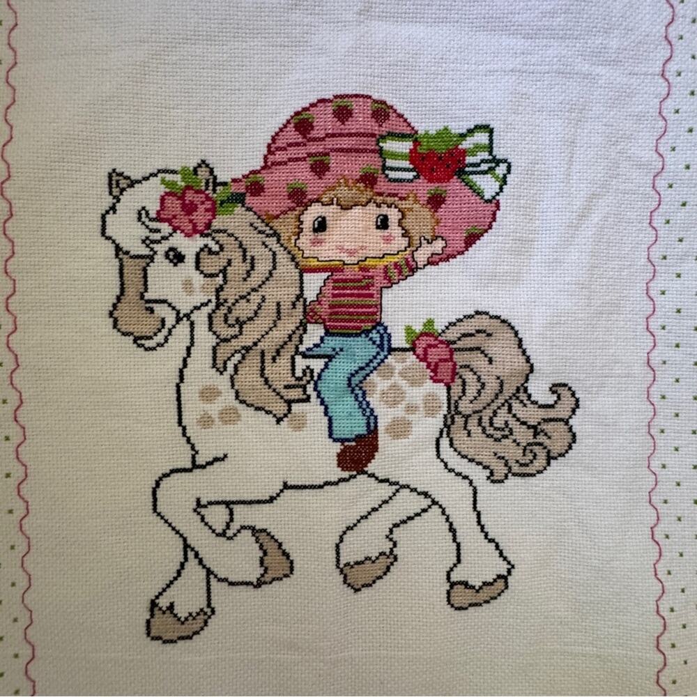 Strawberry Shortcake Cross Stitch Handmade Baby Quilt Blanket 34”x 42” - Picture 5 of 8